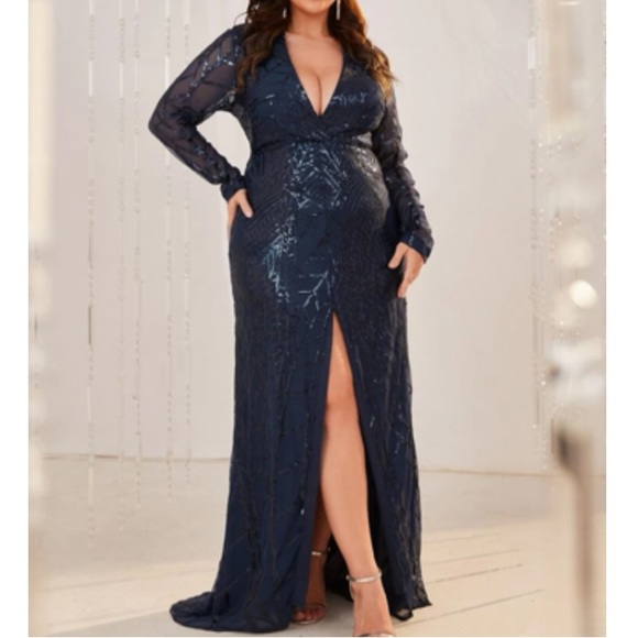 Luxe plus size slit thigh sequins party formal evening prom maxi dress